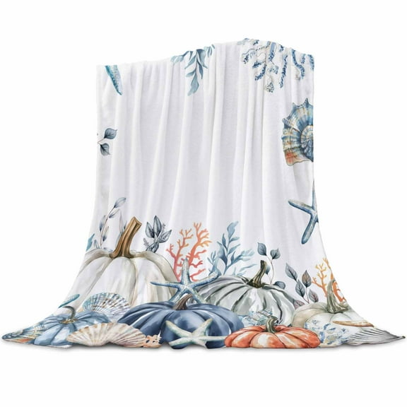 White Navy Orange Pumpkin Flannel Blanket for Bed,Travel and Camping, Coastal Starfish Coral Shell Fall Leaf Super Soft Cozy Blanket for All Seasons 40"x50"