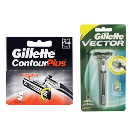 Gillette Contour Plus (same as Atra Plus) Refill Blade Cartridges, 5 Count + Gillette Vector Razor + Beard Shaping