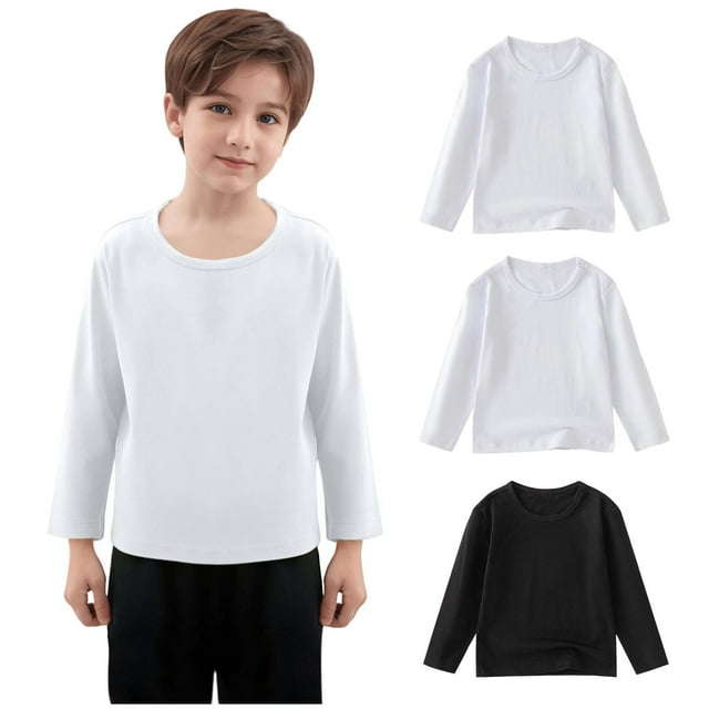 fatyb Lot de 3 T-Shirts en Coton à Manches Longues pour Garçons Filles Col Rond Chandails Décontractés Unis T-Shirt Basique pour Enfants