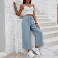 thumbnail image 6 of Women Linen Pants Summer Wide Leg Cropped Palazzo Pants Drawstring High Waisted Beach Lounge Trousers with Pockets,L, 6 of 6
