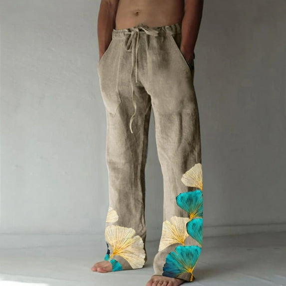 Men Linen Cotton Pant Elastic Waist Lounge Pants Straight Leg Beach Pants Lightweight Stretch Pajamas