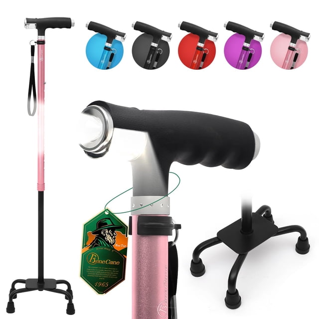 Bastón BeneCane Quad Cane con dos luces LED, base grande, mango en T y ligero, ajustable, de cuatro puntas, resistente, para hombres y mujeres (rosa)