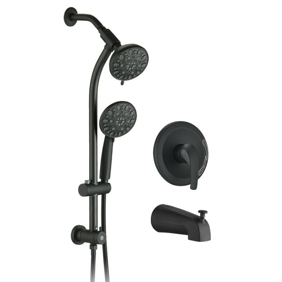 Drill-Free Stainless Steel Slide Bar Combo Rain Showerhead 7-Setting Hand, Dual Shower Head Spa System with Tup Spout (Rough-in Valve Included)