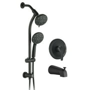 DUOSONG Drill-Free Stainless Steel Slide Bar Combo Rain Showerhead 7-Setting Hand, Dual Shower Head Spa System With Tup Spout (Rough-In Valve Included) Matte Black ABS Bath & Faucets Freestanding Tub