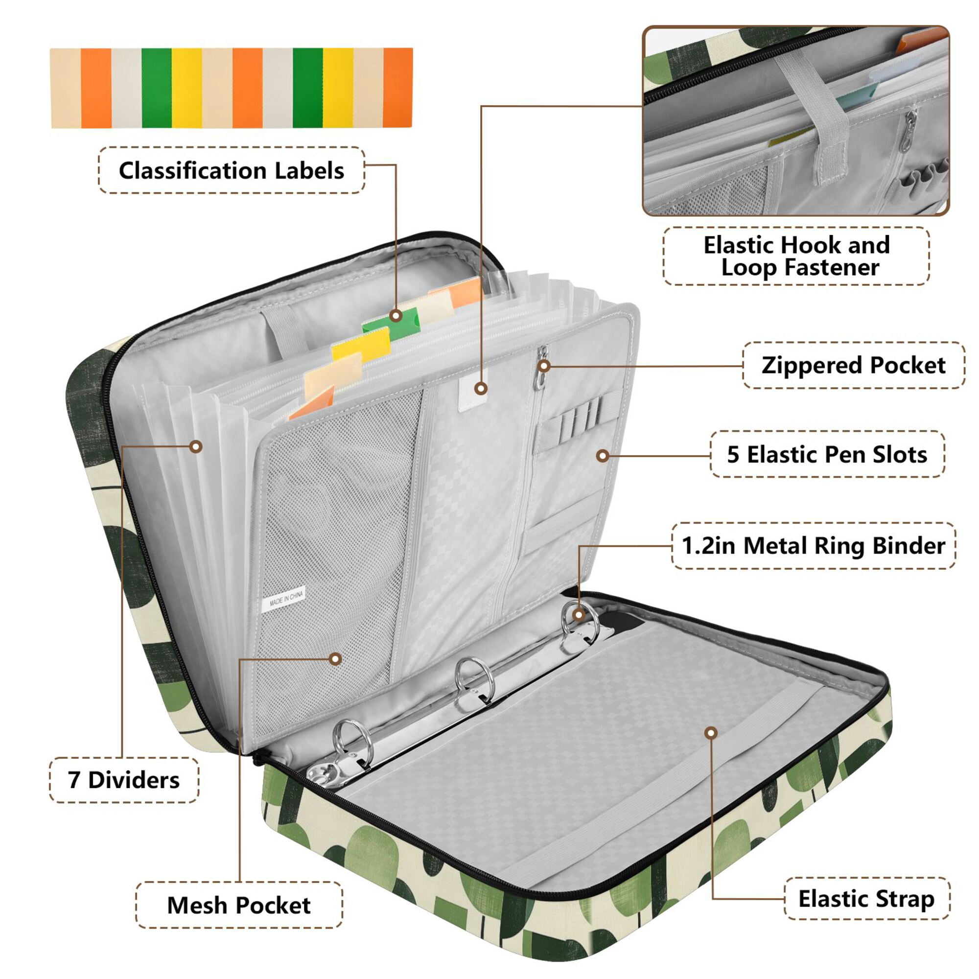 FORMRS Accordion File Folder A4 Size 7-Pocket Expanding Document Organizer Bag with 3 Ring Binder, Green Circle
