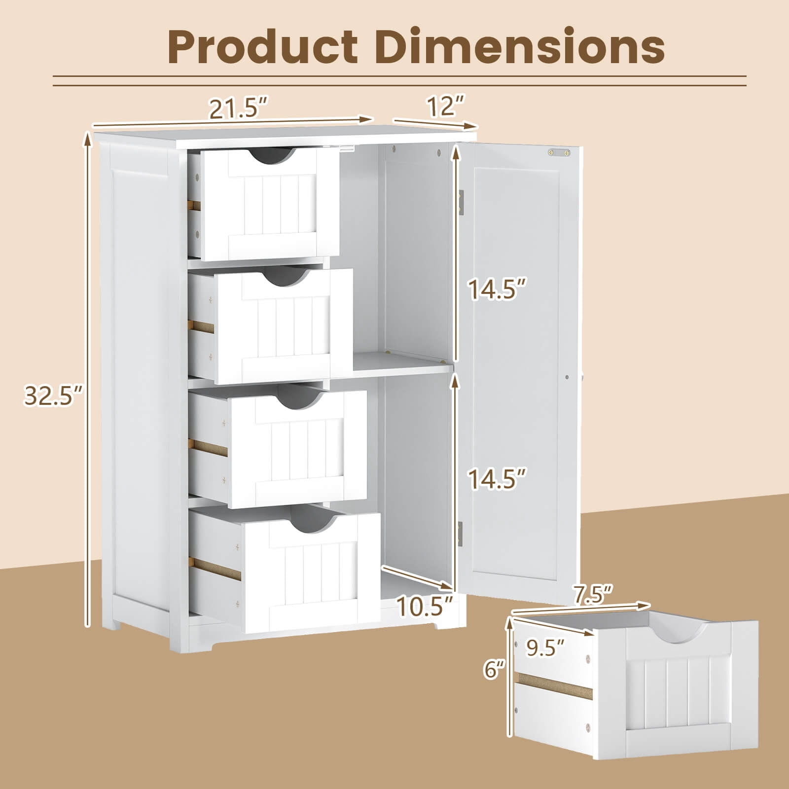 Costway Wooden 4 Drawer Bathroom Cabinet Storage Cupboard 2 Shelves Free Standing White