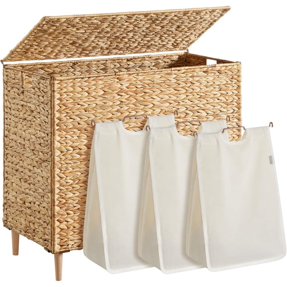 WLTER Laundry Hamper 3 Sections, 47.5 Gal. (180 L) Handwoven Water Hyacinth Wicker Laundry Basket with Lid, Natural Material, Removable Machine Washable Liners, Handles, Natural ULCB203Y01