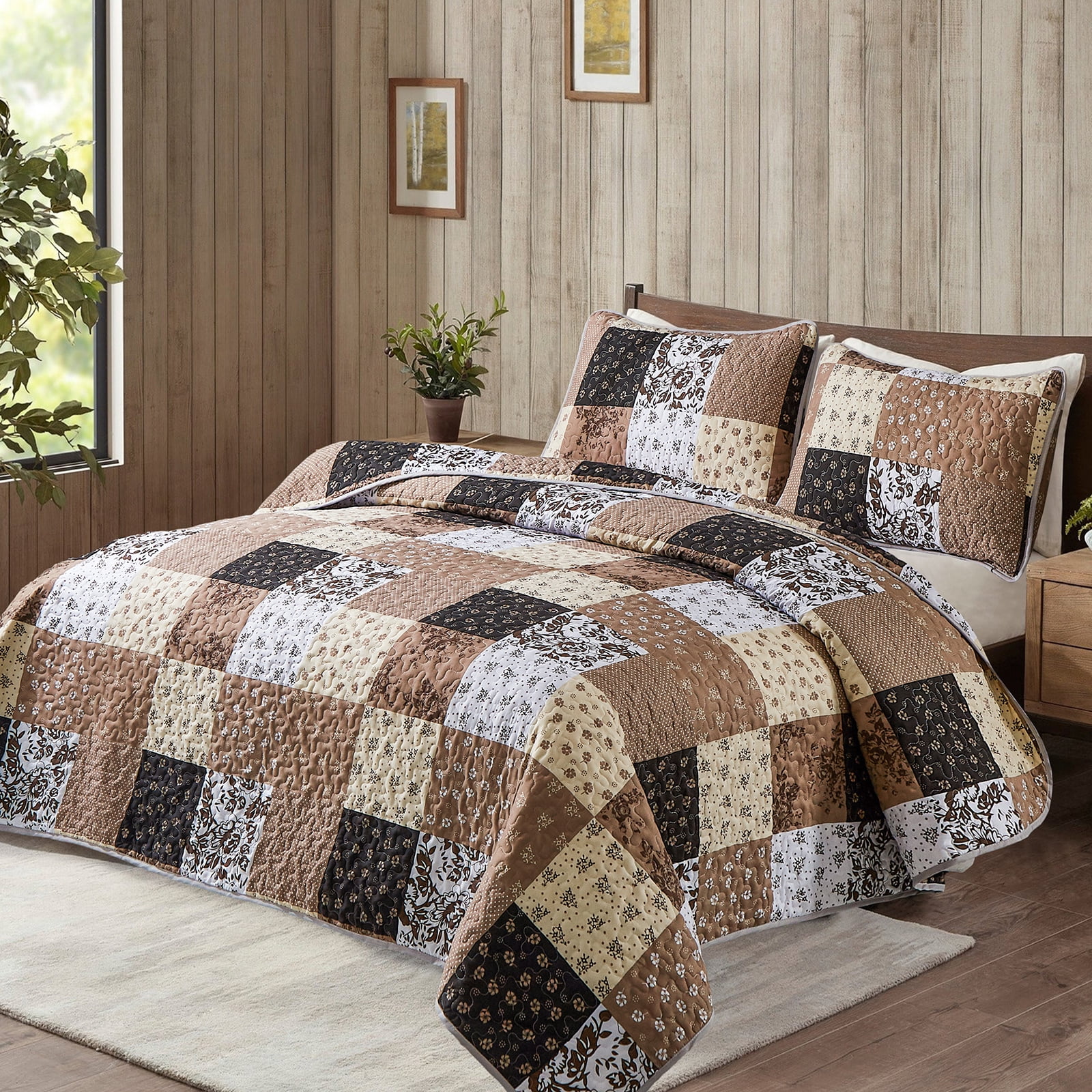 Dintszyayue Grid Patchwork Quilt Set Queen Size,3Pcs Bedding Set Soft Lightweight Adult(90"x96")