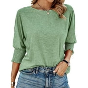 UVN Crewneck Blouse for Women Summer 3/4 Sleeve T-Shirts Casual Tees Ladies Loose Tops