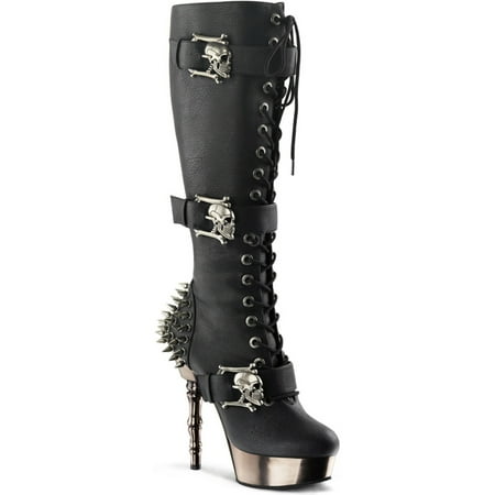 - Womens Black Knee High Boots with Spikes and Finger Bone Shaped 5.5'' Heels