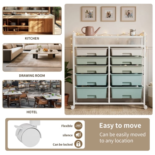 Large Capacity 2-Row 10-Drawer Rolling Storage Cart, Metal Mesh Top Utility Organizer with Wheels, Multi-Layer Plastic Drawers for Kitchen, Bathroom, Bedroom, Office, White