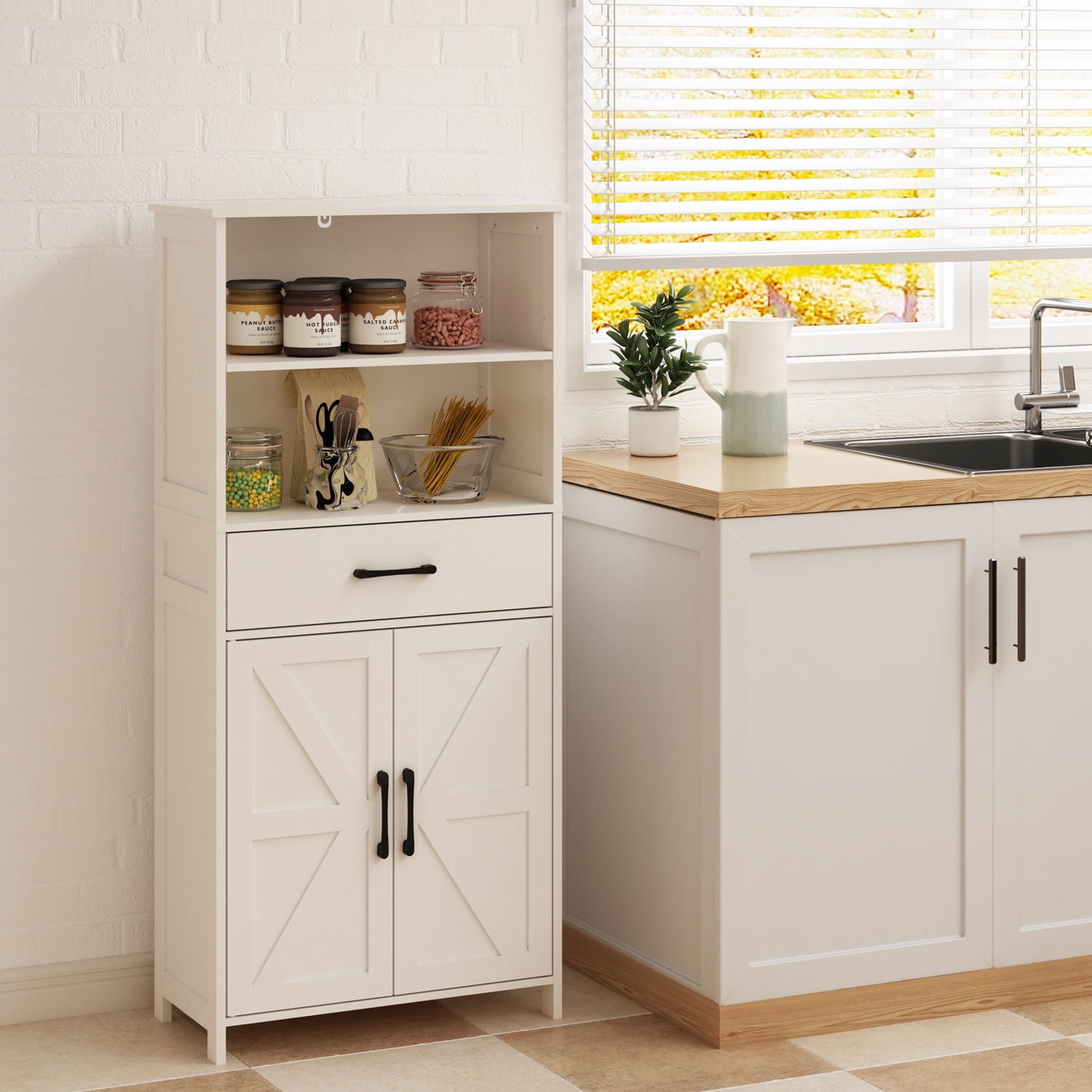 LENLN Farmhouse Bathroom Floor Cabinet with 2 Doors, 1 Drawer & 2 Open Shelves, 51" Tall Freestanding Storage Cabinet for Kitchen, Living Room, White