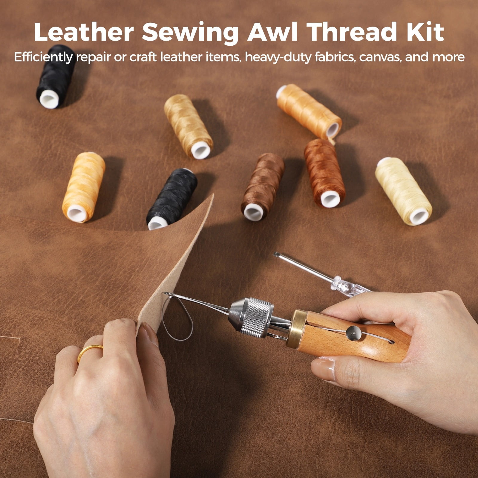 Leather Sewing Awl Thread Kit, 13 PCS Portable Sewing Awl Kit, Wood Handle Stitching Awl, Manual Sewing Awl with Needles & Waxed Thread, Hand Stitcher Repair Tool for Leather, Heavy Fabrics, Canvas
