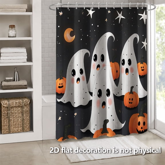 Hoease Night Sky Cute Ghost Pumpkin Crescent Moon Shower Curtain, 71W x 71L Inch Waterproof Fabric Bathroom Curtain with 12 Hooks, Soft Halloween Bath Decor
