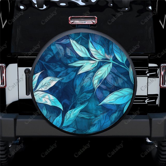 Abstract Modern Blue Leaves Pattern Polyester Universal Spare Wheel Tire Cover Wheel Covers for Trailer RV SUV Truck Camper