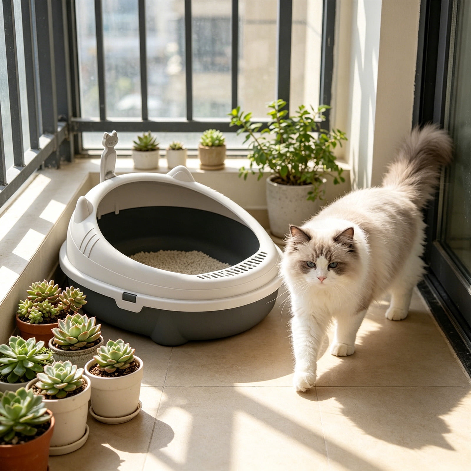2026 New Open Top Cat Litter Box, High Wall Semi Enclosed Pet Litter Tray for Home Living Room, Non Slide Bottom & Easy to Clean, 16.54x14.17x6.69in Gray