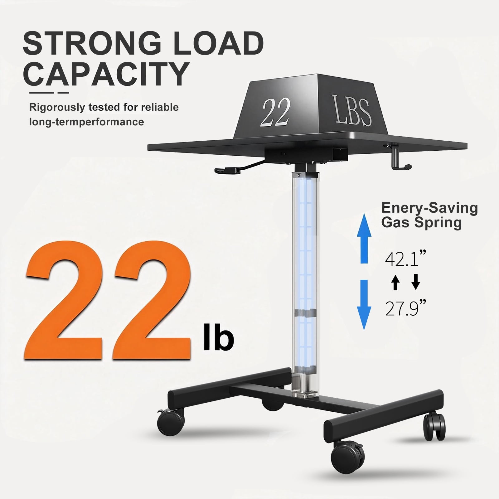 Gas Spring Height Adjustable Mobile Sit-Stand Mini Desk, Lockable Casters & Headphone Hook, Rolling Laptop Side Desk 28.5"-42.7" Height Range