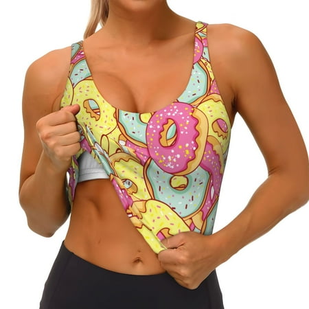 Qokaie Donut and Blue Pattern Womens Scoop Neck Sports Bra Breathable Workout Vest Padded U Back Medium Impact Fitness Gym Yoga Bra Workout Crop Top