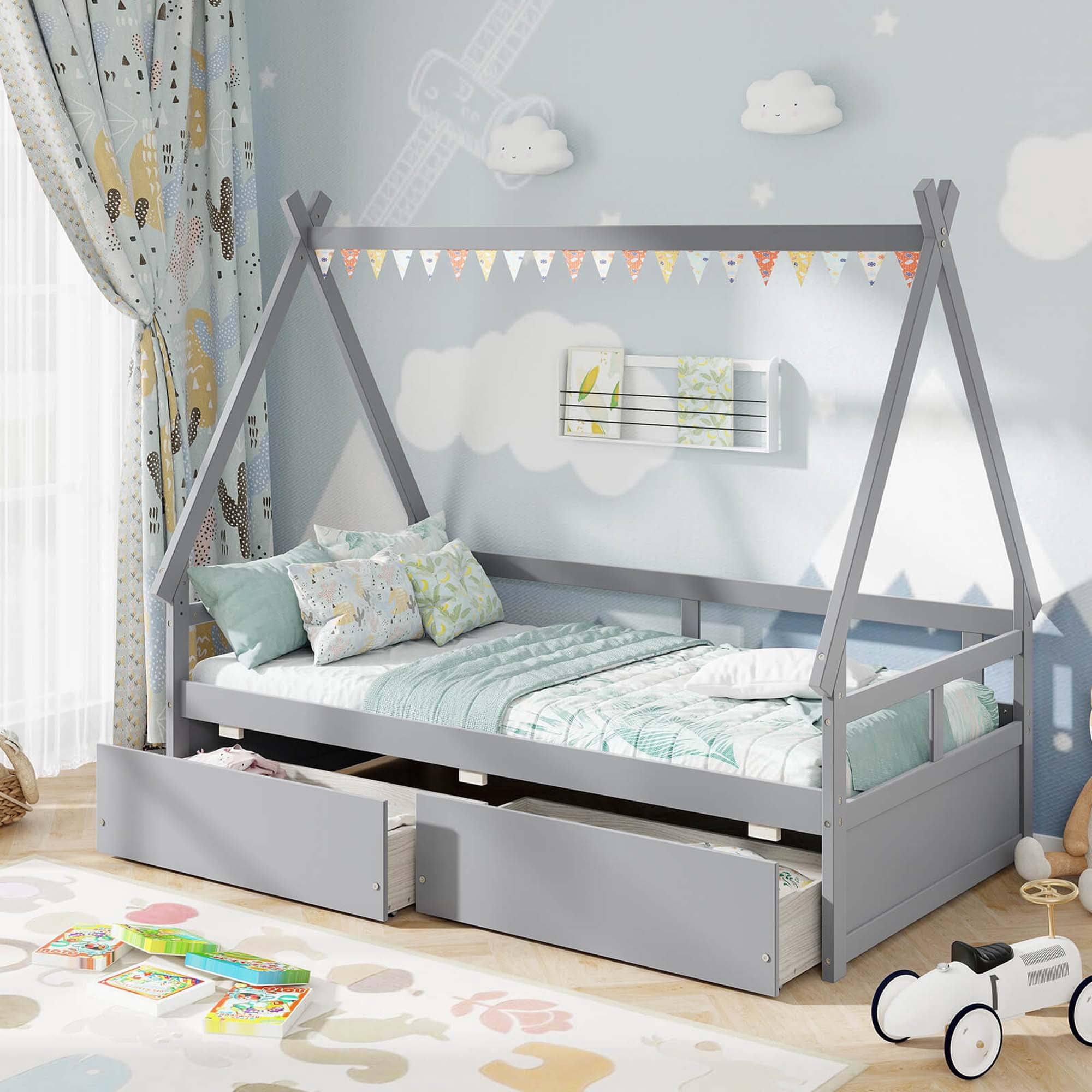 Costway Twin Size House Bed with Roof Safety Guardrail 2 Storage Drawers Wood Slat Support Gray
