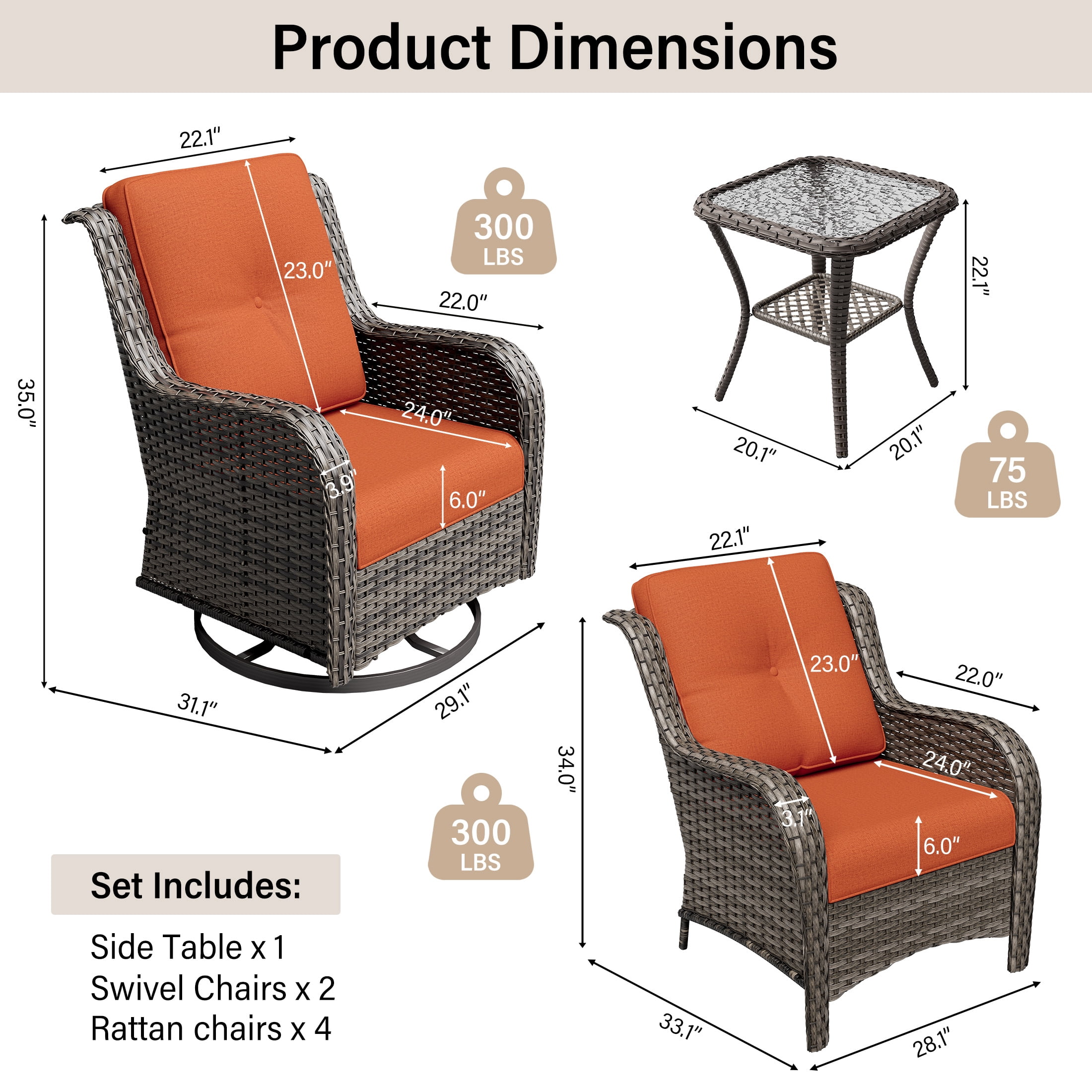 MeetLeisure 7 Piece Wicker Patio Furniture Set, 2 Swivel Rocker Chairs, 4 Rattan Armchairs, 1 Side Table, High Back, Deep Seating, Thick Cushions for Deck Porch, Orange