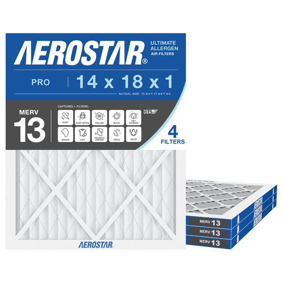 Aerostar 14x18x1 MERV 13 Air Filter, Pleated AC Furnace HVAC, Smoke Bacteria Allergy, 4 Pack