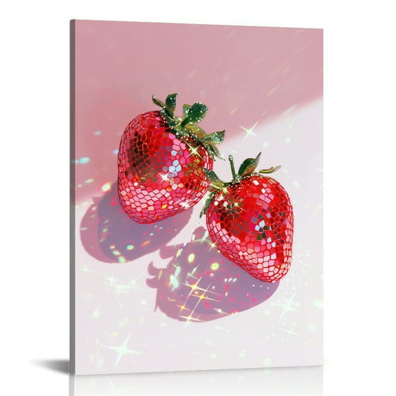 Pink Disco Strawberries Canvas Wall Art Print Wall Art Poster, Glam Disco Ball Red Strawberries Preppy Trendy Wall Decor for Living Room Bedroom Home Decor Framed