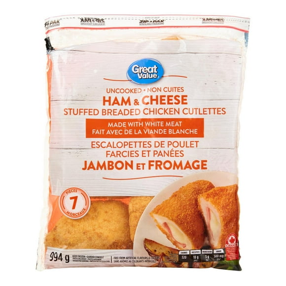Escalopettes de poitrine de poulet panées et farcies jambon et fromage Great Value 7 morceaux, 994 g