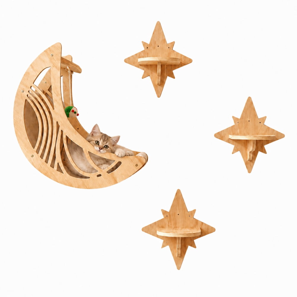 Feline Loft,Feline Loft Wall Bed,Moon & Star Cat Wall Shelves,Kitten Wall Bed With Decorative Cutouts, Space-Saving Stable Safe Wood Cat Climbing System, Easy Install Indoor Cat Perch