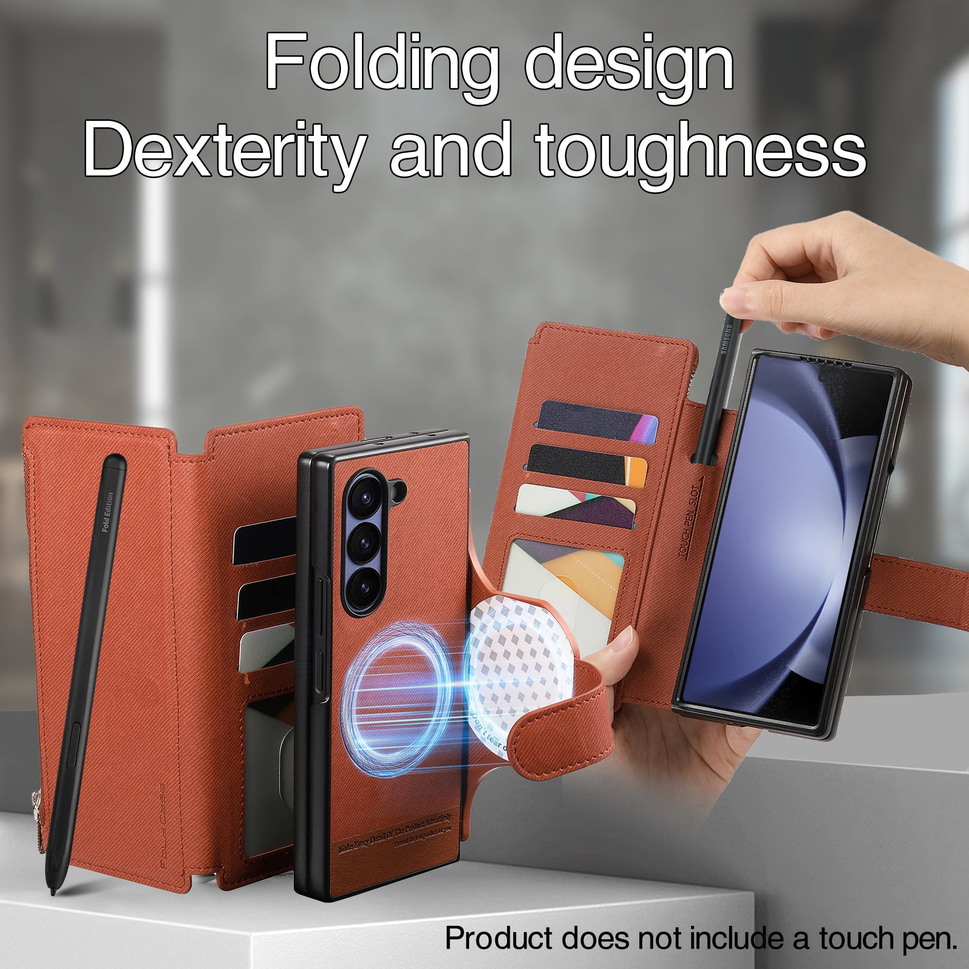 For Samsung Galaxy Z Fold 6 Phone Case,2-in-1 Magnetic Detachable Flip,Flip Folding Kickstand,With Card Slots,Zipper Pocket,Ring Holder,Fit Wireless charging,Shockproof Phone Case,Brown