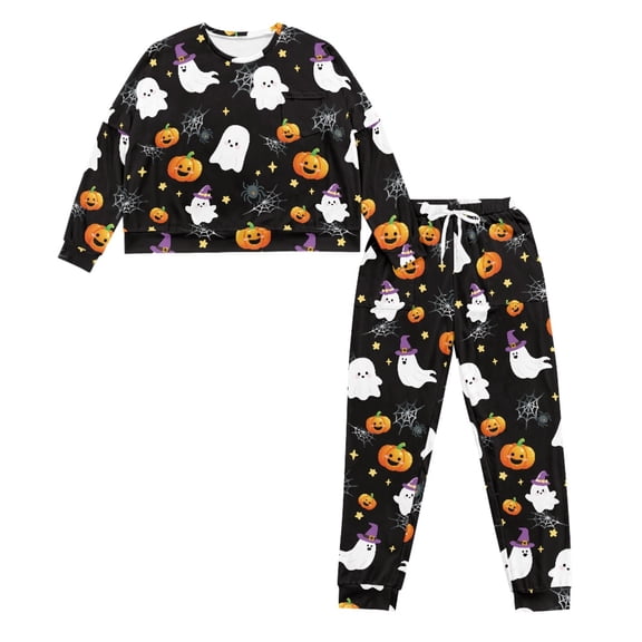 HELLHERO Halloween Pajama Set for Women Ghost Pumpkin Printed Sleepwear Casual 2 Piece Pjs Set Spider Web Printed Loungewear with Pockets, M