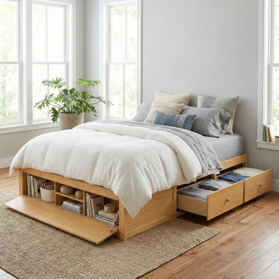 Queen Size Platform Bed Frame with 4 Storage Drawers and Hydraulic Lift Footboard Storage, No Headboard, Modern Space-Saving Design-Natural