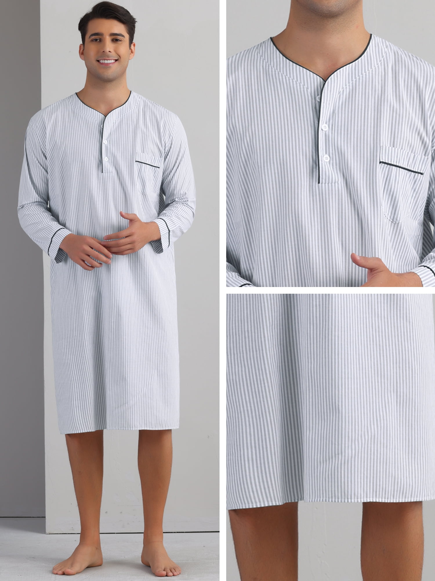 DARING DIVA Men's Striped V-Neck Button Front Long Sleeve Comfortable Nightshirt M Light Gray