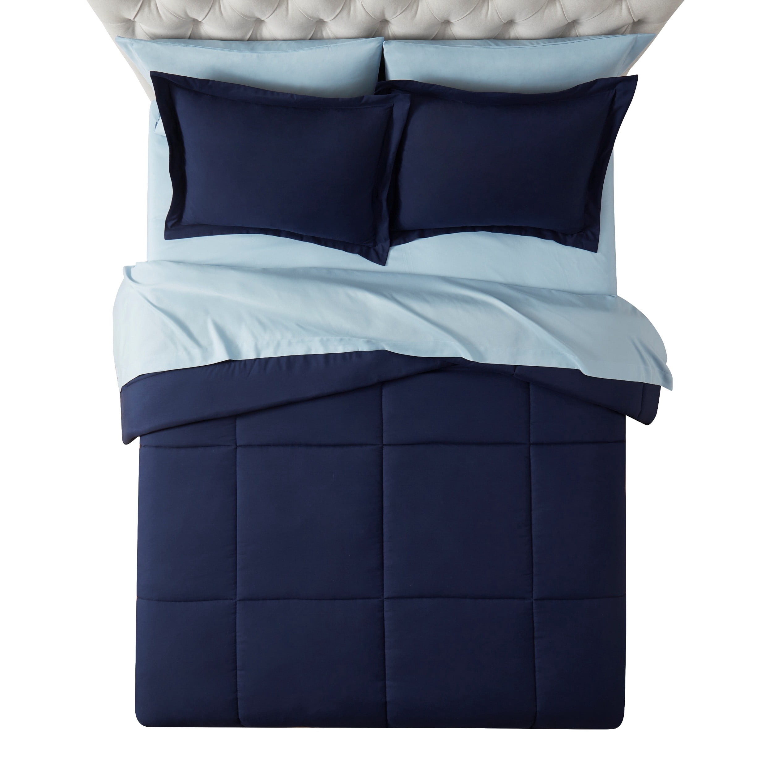 Mainstays All in One Reversible Comforter and Sheet set- 7 Piece, King, Navy