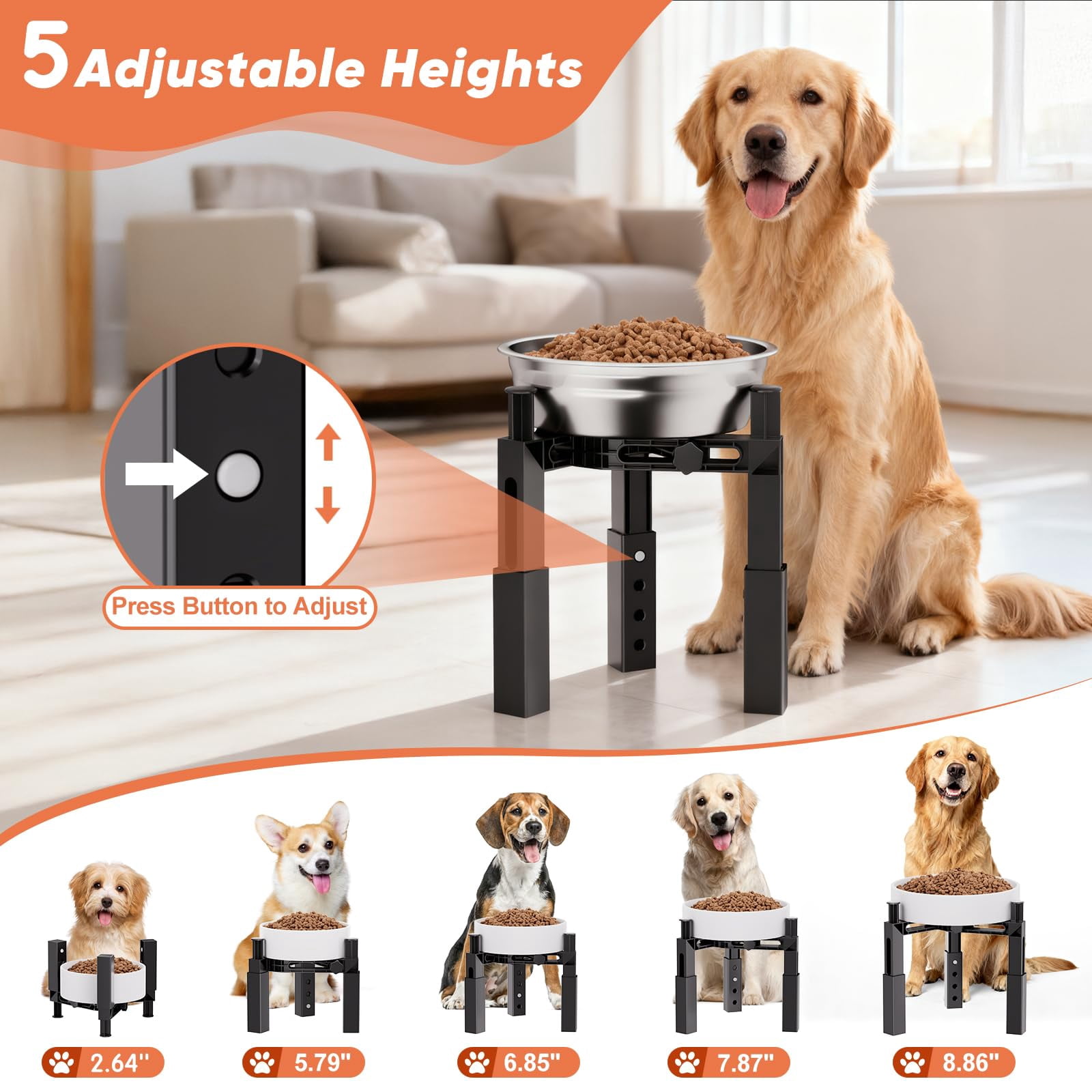 Adjustable dog bowl stand w/ non-slip base fits all bowl types (steel/ceramic/plastic). Promotes digestion & joint health. For S/M/L dogs. Black