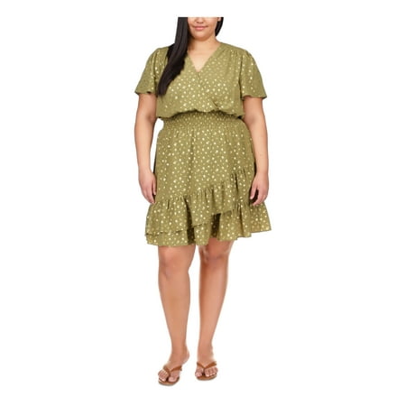 

MICHAEL KORS Womens Green Smocked Ruffled Unlined Hook And Eye Closure Printed Short Sleeve V Neck Above The Knee Faux Wrap Dress Plus 3X