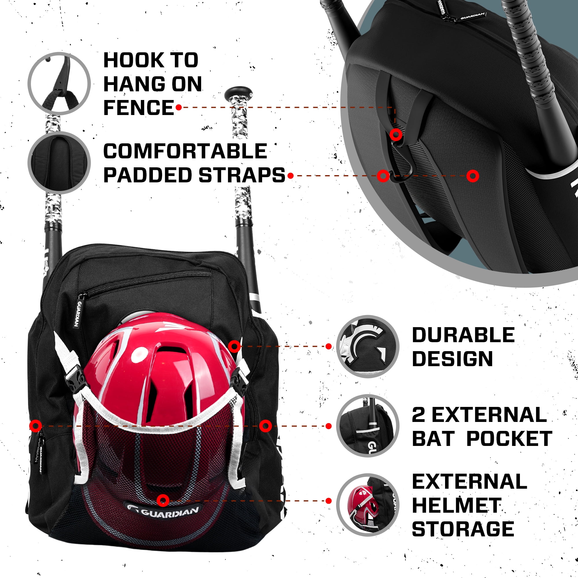 Guardian Baseball Backpack for Youth, Softball Bag for Girls, Durable Bat Bags Baseball Youth Boys and Girls, TBall Bag – Includes Hook to Hang on Fence - Black/White