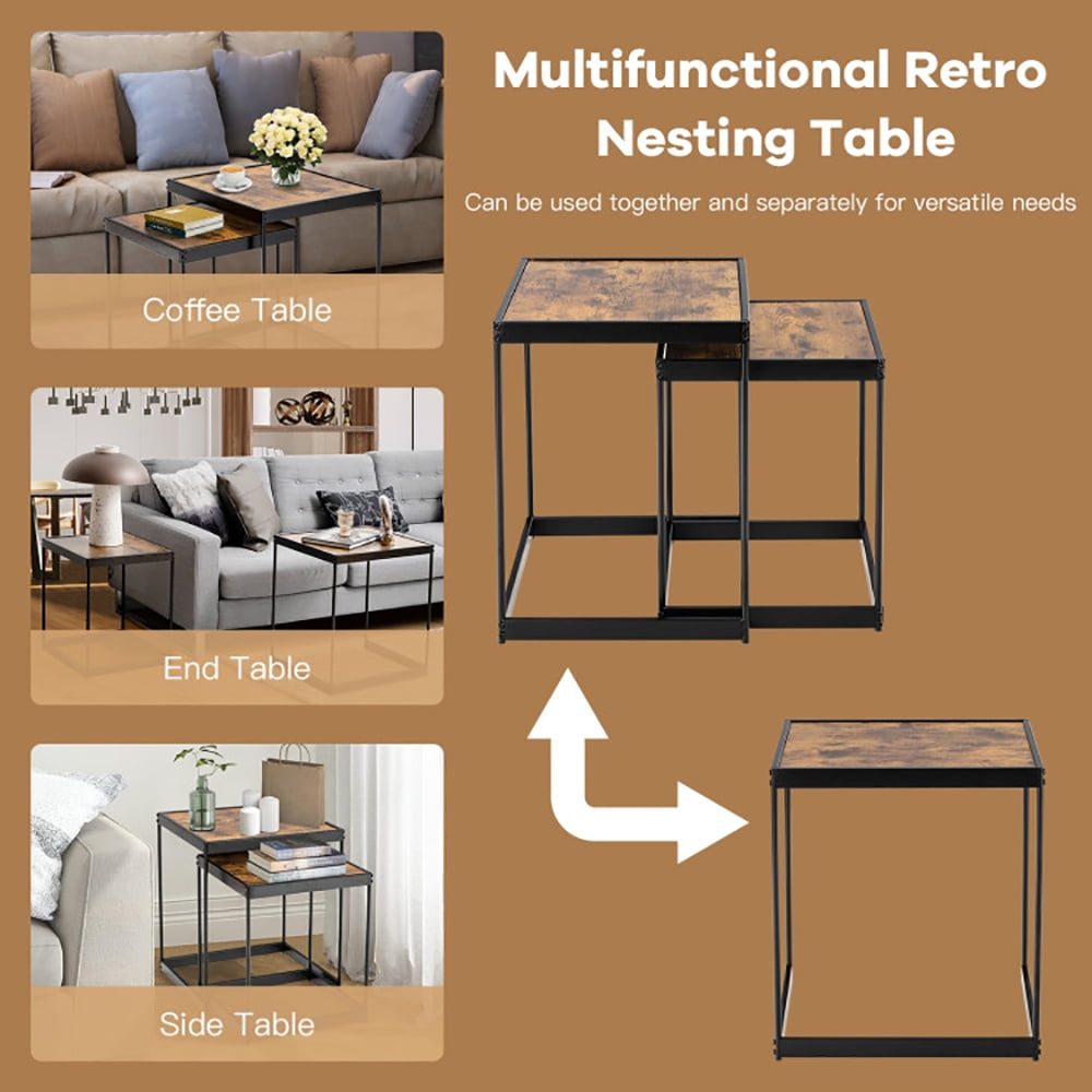 Finihen Rectangular Nesting Coffee Table, Modern Nesting Side Set, Set of 2 Modern Nesting End Tables with Metal Legs, for Living Room, Reception Room, Rustic Brown Finihen Rectangular Nesting Coffee Table, Modern Nesting Side Set, Set of 2 Modern Nesting End Tables with Metal Legs, for Living Room, Reception Room, Rustic Brown