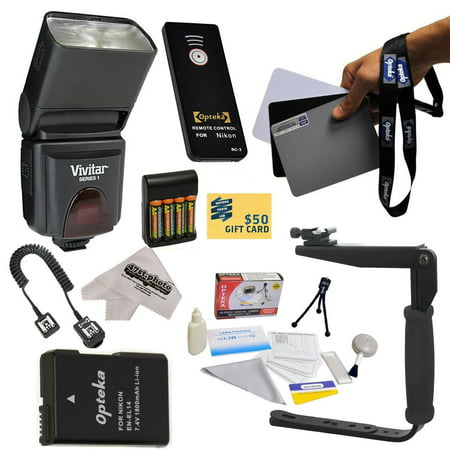 Kit for Nikon Nikon D3100, D3200, D5100, D5200, & D5300 DSLR Includes Vivitar DF-293 TTL LCD Bounce Zoom Flash With LCD Display, Flash Bracket, EN-EL14, Charger, AA Batteries &