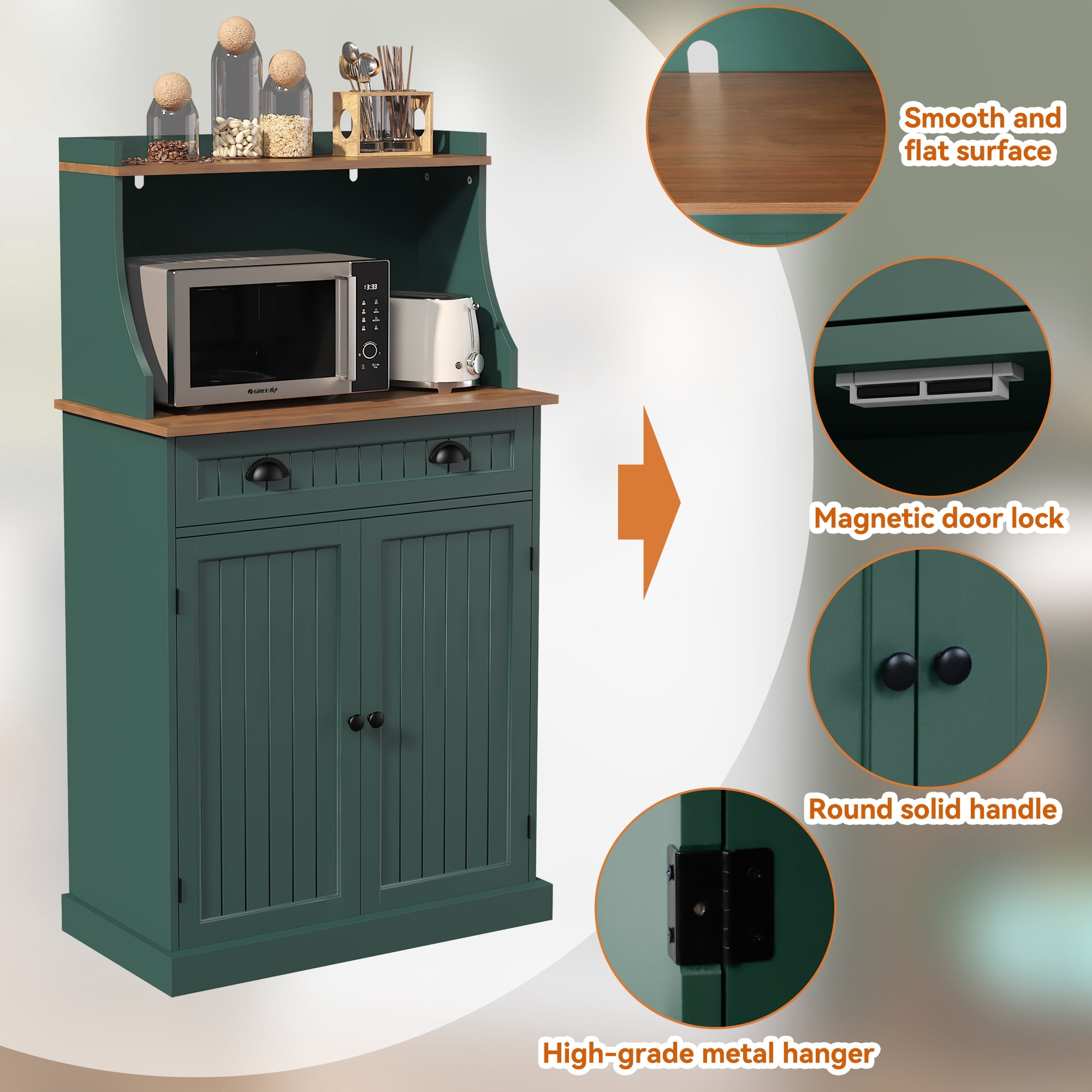 Kitchen Microwave Pantry Storage Cabinet with Drawers & Cabinets for Kitchen Organization, Green