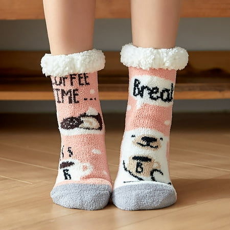 

Qunalilene Accessories Women Winter Warm Fuzzy Socks Coral Fleece Socks Middle Cute Cartoon Floor Socks