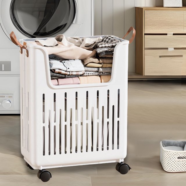 Cesto de ropa plegable grande con ruedas | Cesto para ropa sucia plegable para baño y dormitorio | Contenedor de plástico ventilado | Beige o blanco