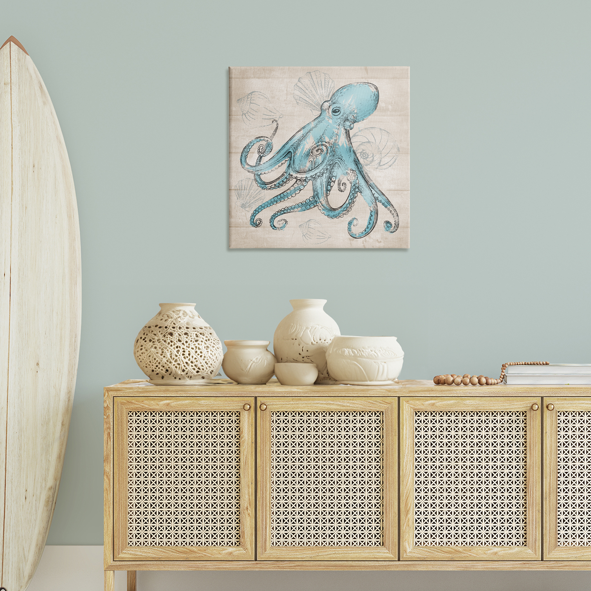 Stupell Industries Vintage Drawn Octopus Animals Painting Wrapped Canvas Art Print Wall Art, 30 x 30