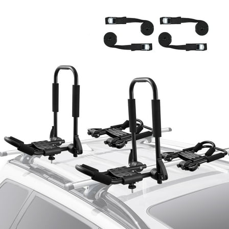 VEVOR Kayak Roof Rack 2 Pairs J-Bar, Soft Roof Rack Quick Folding, Top Mount Tie Down, Carrier for kayak, Surf Board, Canoe, SUP, Ski Board, Mount on Car, SUV, Truck, 2 Kayaks