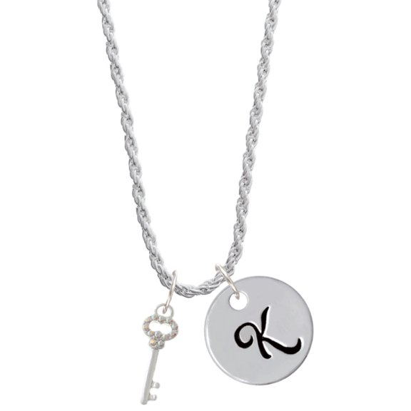Delight Jewelry Silvertone Small Clear AB Crystals Oval Key Silvertone Script Initial Disc - K - Charm Necklace, 20"+3"