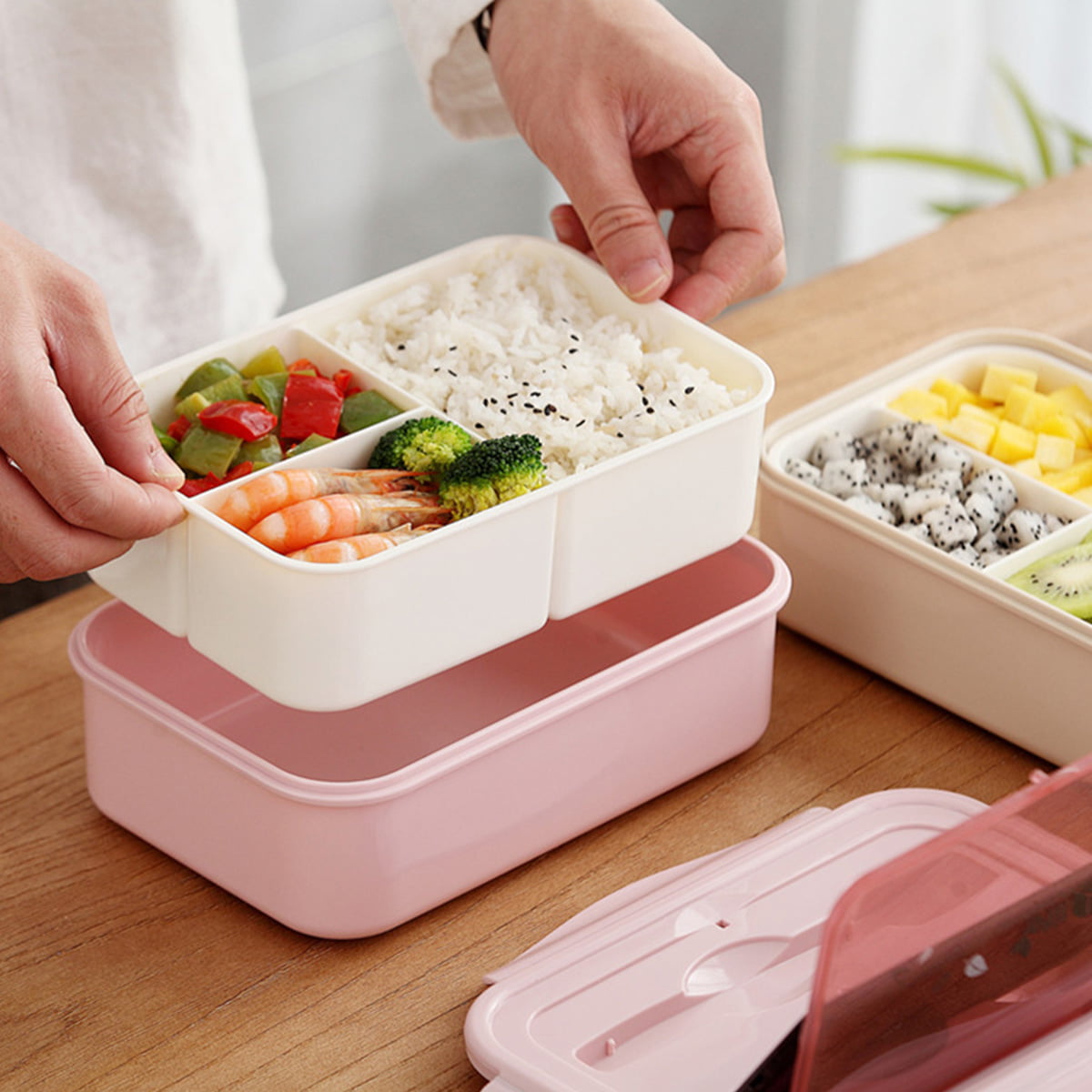 WQJNWEQ Clearance Stackable Bento Box,Lunch Box Kit With Spoon & Fork,  3-In-1 Compartment Whea-t Straw Meal Prep Containers,Leakproof Eco-Friendly