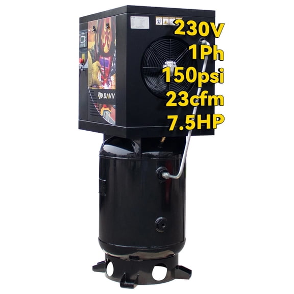 HPDAVV PACK5TU 5.5KW 7.5HP Rotary Screw Air Compressor 230V/1Ph 27CFM 150psi with Vertical 60Gal ASME Tank Heavy Duty Air Compressed System