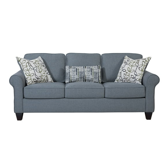Furniture Classics Classic Cottage Series Blue Fabric Sofa with Rolled Arms and 3 Accent Pillows