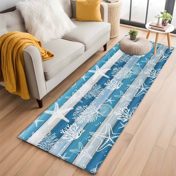 Blue Coastal Beach 2'x6' Runner Rugs for Hallway Kitchen Bedside Non Slip, Nautical Starfish Coral Vintage Wooden Entryway Rug Runners with Rubber Backing, Long Carpet Runner for Laundry Room