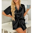 thumbnail image 3 of Avidlove Women Satin Pajama Set Silky Short Sleeve Sleepwear with Ruffle Shorts Soft Pj Set Button Down Nightwear Black S-XXL, 3 of 6
