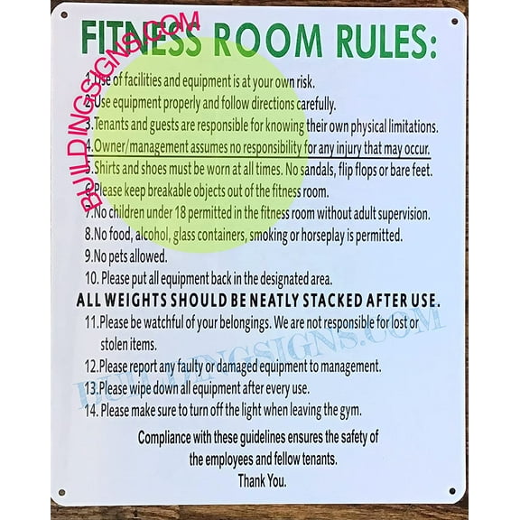 Fitness Room Rules Sign (White,Aluminium,10X12) (ref-2201)